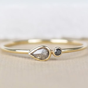 Rose Cut Pear Diamond Ring, Grey Salt and Pepper Diamond Engagement Ring, Black Diamond Wedding Ring, Diamond Solitaire Ring
