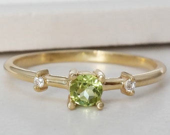 Real 14k Gold Peridot Ring, Moissanite Diamond Engagement Ring, August Birthstone, Dainty Green Peridot Ring, Delicate Peridot Jewelry