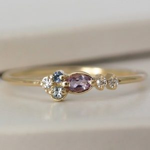 Solid Gold Amethyst Ring, Diamond and Aquamarine Engagement Ring, Mother's Day Amethyst Jewelry, February Birthstone Gold Solitaire Ring