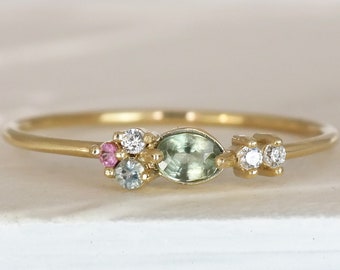 14k Green Sapphire Ring, Pink Sapphire and Aquamarine Birthstone Ring, 9ct Oval Sapphire Jewelry, Solitaire Stacking Ring