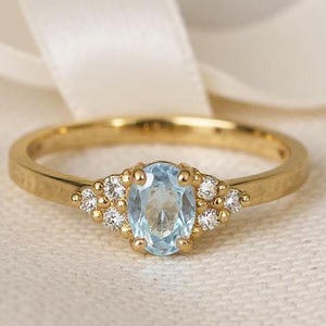 Solider 14k Gold Aquamarin Ring, natürlicher Aquamarin Pear Cut Edelstein, Minimalist Blauer Edelstein Ring, Braut Ehering