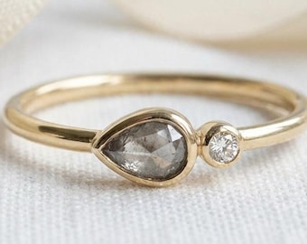Solid Gold Rose Cut Grey Pear Diamond Ring, 9ct Yellow Gold Salt Pepper Engagement Ring