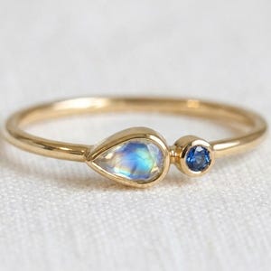9ct Solid Gold Moonstone Ring, Sapphire Stacking Ring, Minimalist Women Promise Ring, 9ct Gold Gift