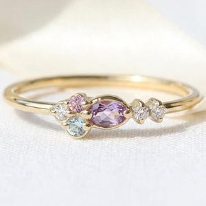 Solid Gold Amethyst Ring, Diamond and Aquamarine Stacking Ring, February Birthstone Gold Solitaire Ring