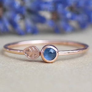 Rose Gold Sapphire Leaf Ring, 9ct Gold Textured Ring, Rose Gold Dainty Ring, Birthstone Ring, Gold Stacking Rings, 9ct Gold Ring