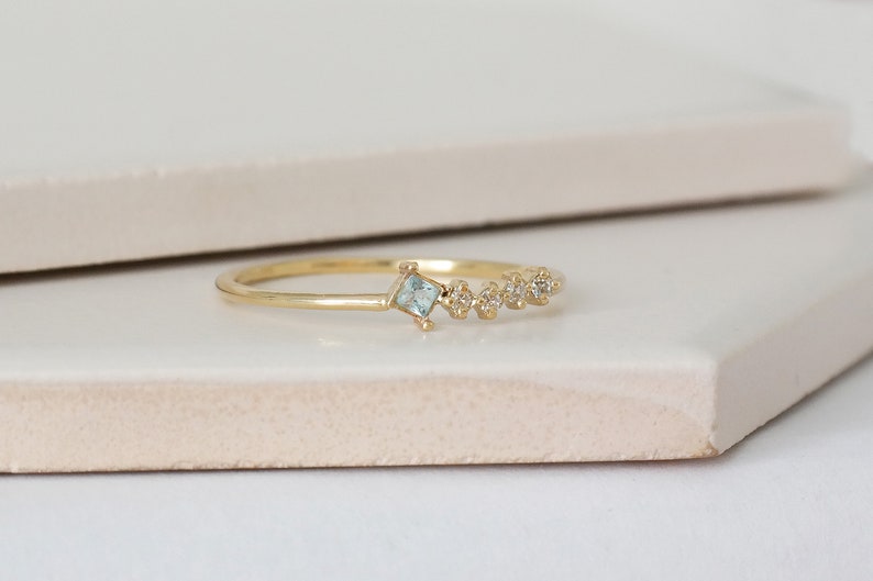 Princess cut Aquamarine Ring, Solid Gold Aquamarine Stacking Ring, Natural Aquamarine Valentines Gift, Dainty Birthstone Ring image 2