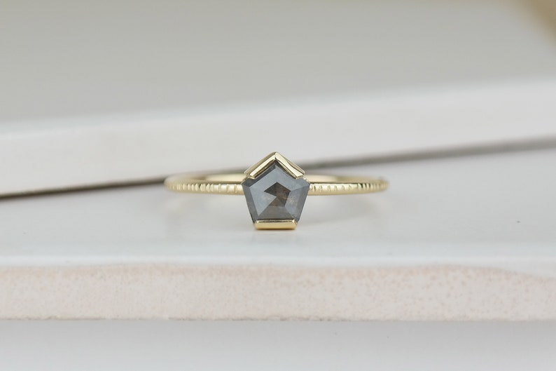 Grey Diamond Pentagon Ring, Grey Rose Cut Diamond Engagement Ring, Alternative Bridal Diamond Ring, Gold Unique Diamond Ring image 1