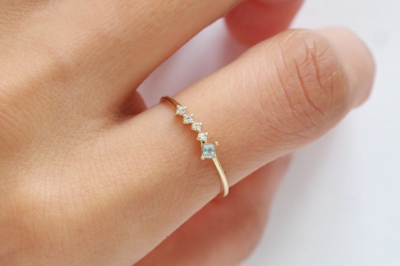 Princess cut Aquamarine Ring, Solid Gold Aquamarine Stacking Ring, Natural Aquamarine Valentines Gift, Dainty Birthstone Ring image 6