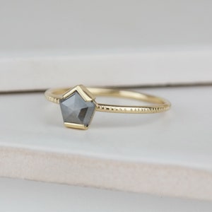 Grey Diamond Pentagon Ring, Grey Rose Cut Diamond Engagement Ring, Alternative Bridal Diamond Ring, Gold Unique Diamond Ring image 4