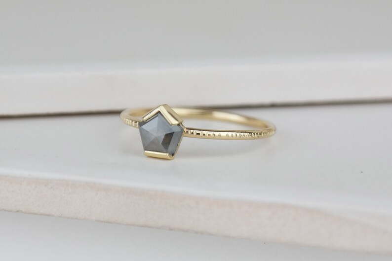 Grey Diamond Pentagon Ring, Grey Rose Cut Diamond Engagement Ring, Alternative Bridal Diamond Ring, Gold Unique Diamond Ring image 4