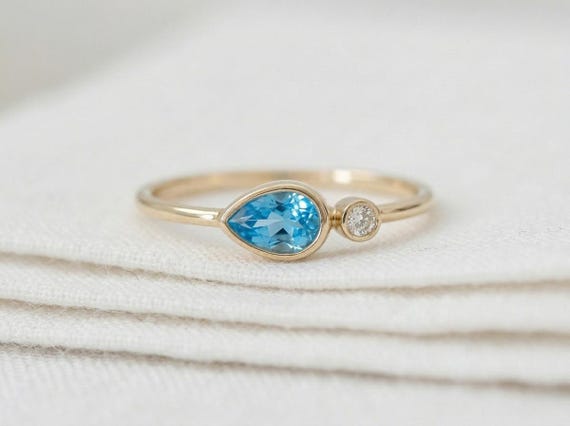 9ct Solid Gold Swiss Blue Topaz Ring, Topaz Promise Ring with Moissanite Accent Stone, November Birthstone