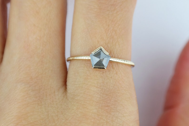 Grey Diamond Pentagon Ring, Grey Rose Cut Diamond Engagement Ring, Alternative Bridal Diamond Ring, Gold Unique Diamond Ring image 5