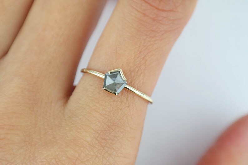 Grey Diamond Pentagon Ring, Grey Rose Cut Diamond Engagement Ring, Alternative Bridal Diamond Ring, Gold Unique Diamond Ring image 7