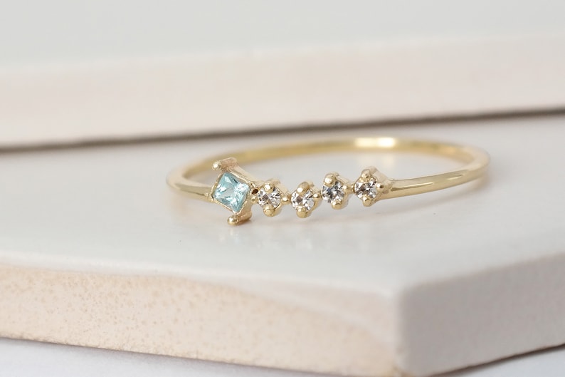 Princess cut Aquamarine Ring, Solid Gold Aquamarine Stacking Ring, Natural Aquamarine Valentines Gift, Dainty Birthstone Ring image 4