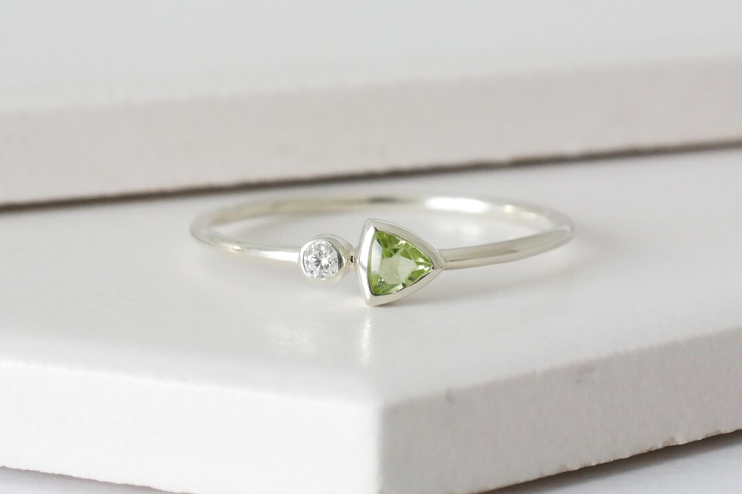 Solid White Gold Periot and Diamond Ring, Moissanite Engagement Ring ...