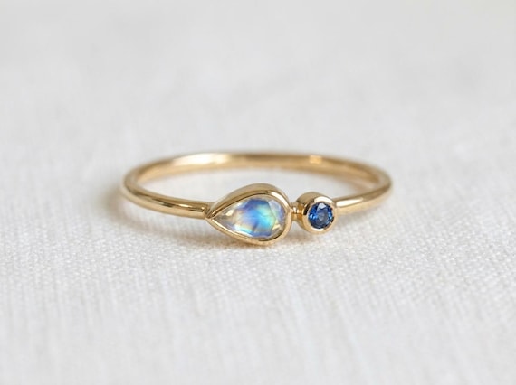 9ct Solid Gold Moonstone Ring, Sapphire Stacking Ring, Minimalist Women Promise Ring, 9ct Gold Gift