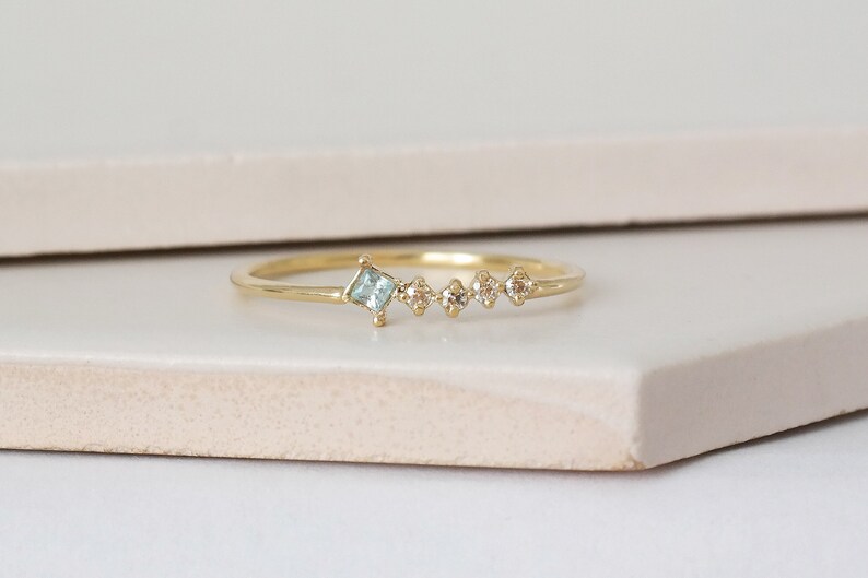 Princess cut Aquamarine Ring, Solid Gold Aquamarine Stacking Ring, Natural Aquamarine Valentines Gift, Dainty Birthstone Ring image 1