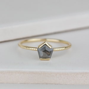 Grey Diamond Pentagon Ring, Grey Rose Cut Diamond Engagement Ring, Alternative Bridal Diamond Ring, Gold Unique Diamond Ring image 3