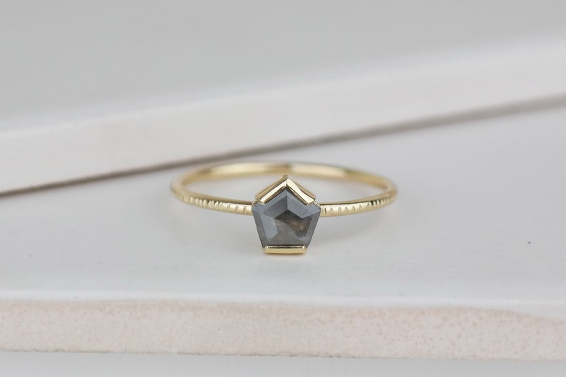 Grey Diamond Pentagon Ring, Grey Rose Cut Diamond Engagement Ring, Alternative Bridal Diamond Ring, Gold Unique Diamond Ring image 3