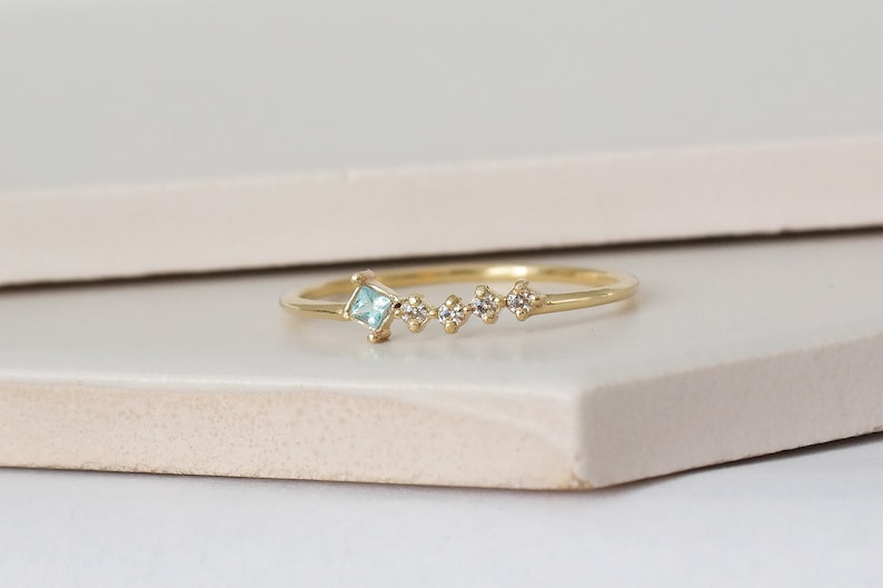 Princess cut Aquamarine Ring, Solid Gold Aquamarine Stacking Ring, Natural Aquamarine Valentines Gift, Dainty Birthstone Ring image 3