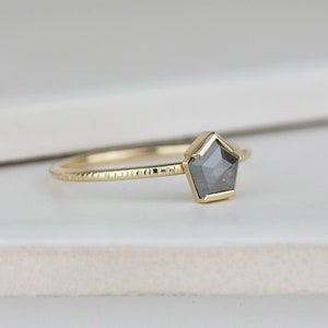 Grey Diamond Pentagon Ring, Grey Rose Cut Diamond Engagement Ring, Alternative Bridal Diamond Ring, Gold Unique Diamond Ring image 2