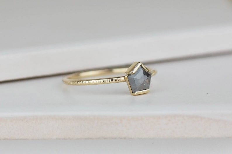 Grey Diamond Pentagon Ring, Grey Rose Cut Diamond Engagement Ring, Alternative Bridal Diamond Ring, Gold Unique Diamond Ring image 2