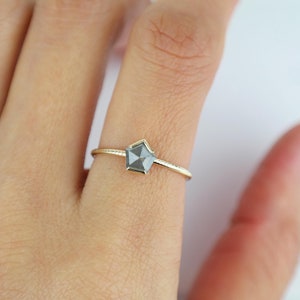 Grey Diamond Pentagon Ring, Grey Rose Cut Diamond Engagement Ring, Alternative Bridal Diamond Ring, Gold Unique Diamond Ring image 6