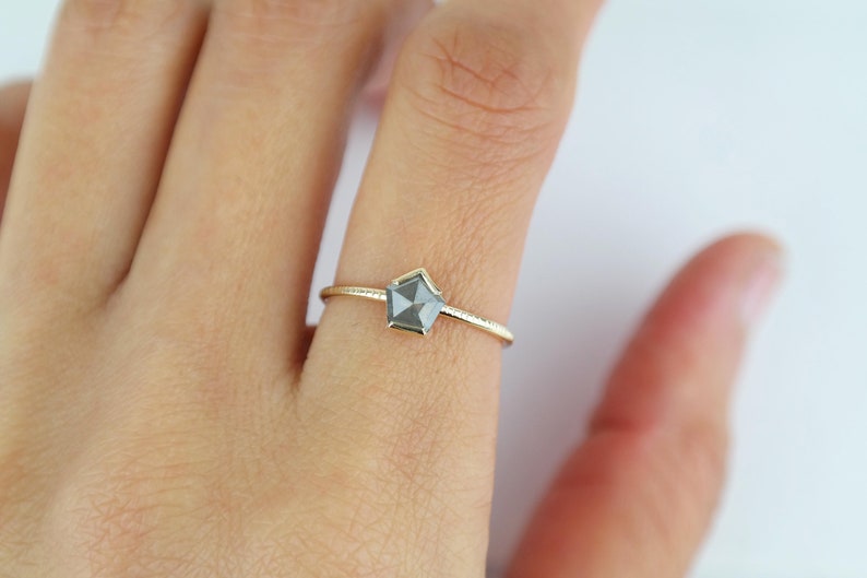 Grey Diamond Pentagon Ring, Grey Rose Cut Diamond Engagement Ring, Alternative Bridal Diamond Ring, Gold Unique Diamond Ring image 6