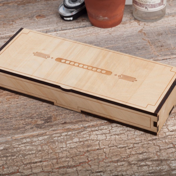 Handmade laser-cut birch wood art deco Harmonica storage case box with brass hinges