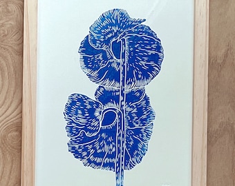 Blue poppy twins linocut