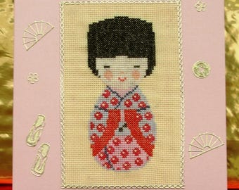 Card embroidered Kokeshi doll, Japanese doll