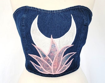 Lotus Moon Denim Corset (L) | Strapless Crop Jean Top | Celestial Moon Flower  | Patchwork Witch Witchy Mystical