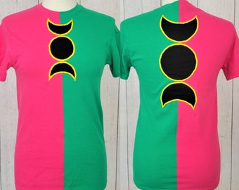 Moon Phase T-shirt (S) |Two Tone Split Hot Pink Green Tshirt | Black Moon Cresent Lunar Phase | Mismatched mis match half and half