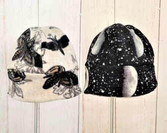 Cottagecore Fleece Beanie | Reversible Winter Hat | Moon Phase Nature Dragonfly Moth | Lunar Phases