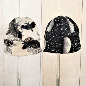 Cottagecore Fleece Beanie | Reversible Winter Hat | Moon Phase Nature Dragonfly Moth | Lunar Phases