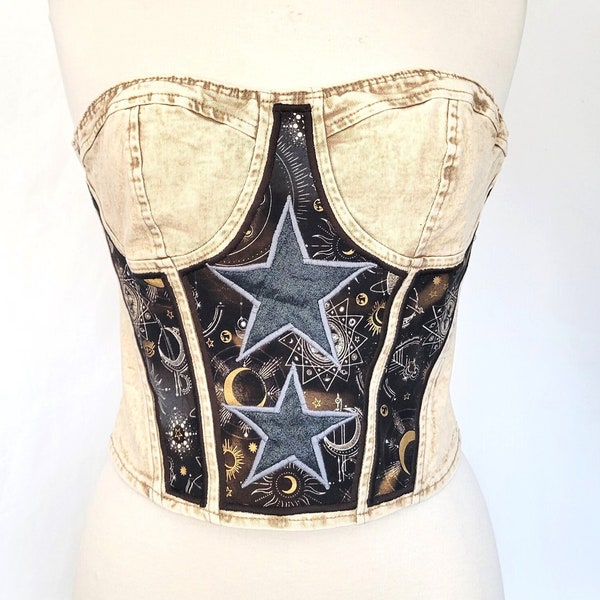 Celestial Denim Corset (M) | Strapless Crop Jean Top | Celestial Moon Phase Stars  | Patchwork Witch Witchy Mystical