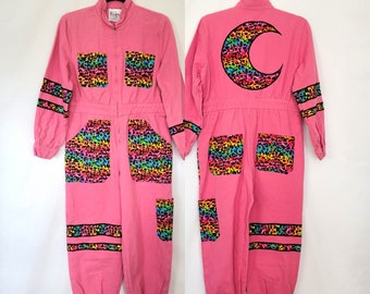 Pink Rainbow Cheetah Jumpsuit (Medium Petite) | Y2K 90's Leopard Coveralls | Workwear, Overalls | Camp Denim Jean Canvas | Petite Medium