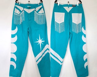 Beaded Fringe Western Jeans (XL) | Turquoise Rockies Long Plus Size Tall | Rodeo Queen Denim | Celestial Moon Star | Buckle Bunny Upcycled