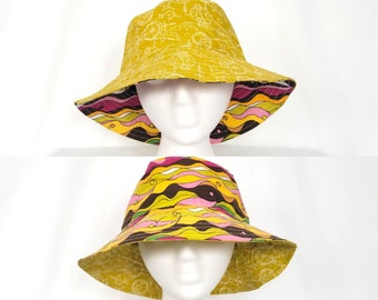 Reversible Trippy Bucket Hat | Y2K 90's Yellow Brown Pink Graphic Buckethat | 60's 1960's Sun Hat Handmade One of a kind | DIY Street Trendy