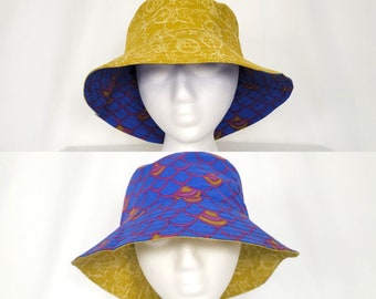 Reversible Trippy Bucket Hat | Y2K 90's Yellow Blue Purple Graphic Buckethat | 60's 1960's Sun Hat Handmade One of a kind |DIY Street Trendy