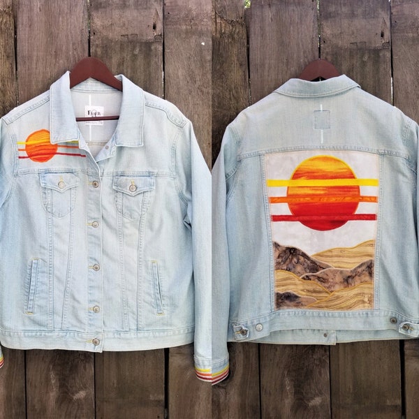 Retro Sun Stripe Denim Jacket - Plus size - Full figure - XXL - size 20 Vintage Aviation Desert Patchwork Art Vest - Up-cycled Women's Jean