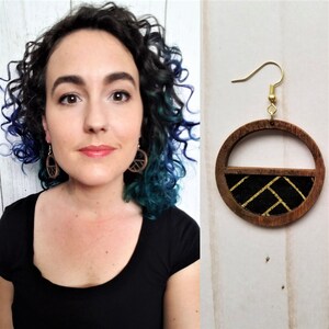 Geometric Boho Art Deco Earrings | Circle Fabric & Wood Dangle Jewelry | Handmade, lightweight textile jewelry | hippie,new age gift for her