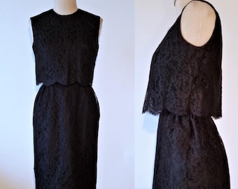 Vintage Lace LBD Cocktail Dress - 1960&#39;s Sleeveless below the knee lace wiggle dress - Mr. Mort - Classic - 24&quot; waist Scalloped hem