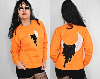 Moon Melt Neon Sweatshirt (S) | Crescent Moon Lunar Phase Dripping Psychedelic Trippy | Neon Orange Embroidered Applique