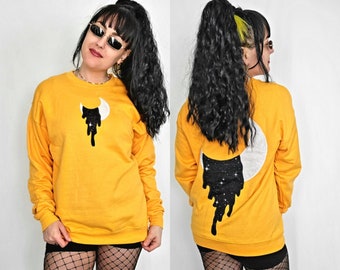 Moon Melt Neon Sweatshirt (M) | Crescent Moon Lunar Phase Dripping Psychedelic Trippy | Marigold Orange Embroidered Applique