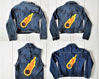 Kid's Jean Jacket | Children's Denim Trucker Vest | Celestial Shooting Star Alternative Clothing | Comet Asteroid Meteor Space Punk Rock