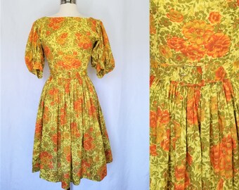 1950&#39;s Yellow Floral Dress - Cotton full skirt, high neck, low back. Extra Small, small, Button back, Swing Dancing 50&#39;s Marigold Olive Red