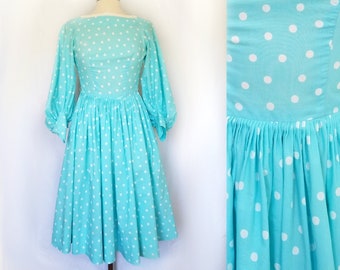 1950&#39;s Aqua Polka Dot Dress - Cotton full skirt, 3/4 length sleeve, high neck, low back. Extra Small, small, Button back, Swing Dancing 50&#39;s