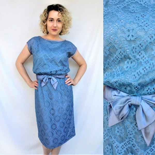 Blue Lace Dress | 50s 1960s Mod Cocktail Garden Party | Vintage Boho Pin Up Bombshell Fitted Pencil Skirt | R&K Original Daydress Sundress