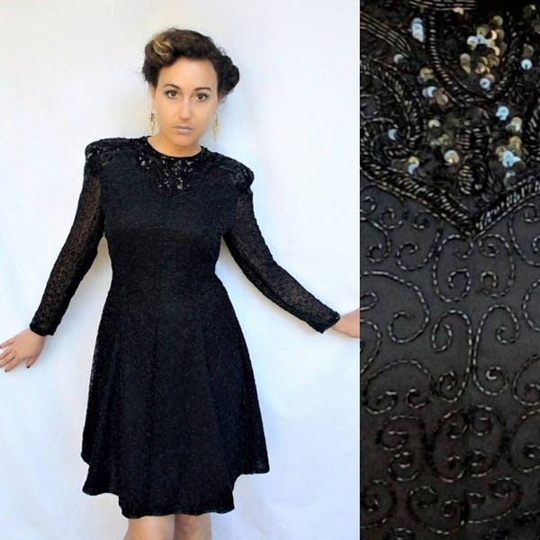 Beaded Black Dress | 1980s Vintage Long Sleeve Skater Skirt Minidress | Silk Chiffon Sequin Cocktail Eveningwear Formal Party | Size Medium